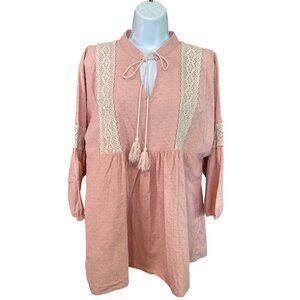 Suzanne Betro Y2K Peasant Top XL Pink Lace Trim Tassel Tie Neck Boho Cottagecore